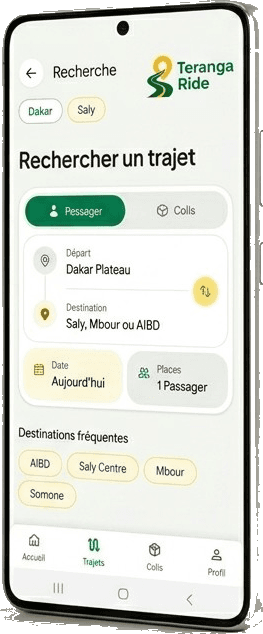 Application Teranga Ride sur Android — recherche de trajet