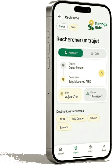 Application Teranga Ride sur iPhone — recherche de trajet