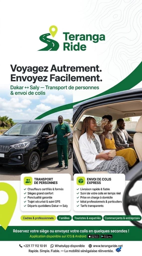 Flyer Teranga Ride — Voyagez Autrement. Envoyez Facilement.